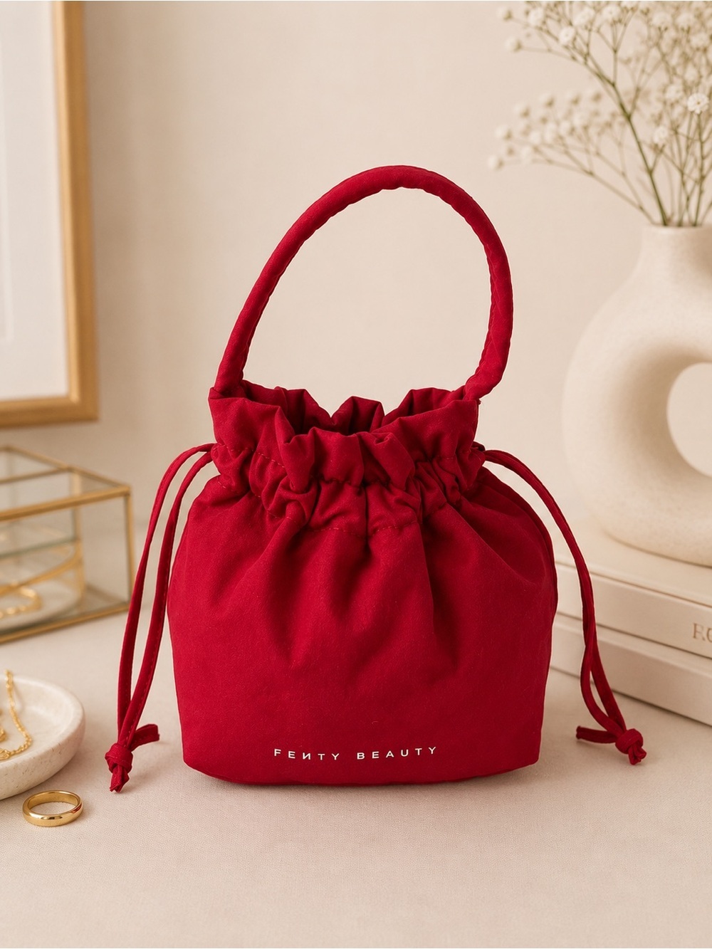 Fenty Beauty Red Drawstring Mini Bucket Bag Cosmetic Pouch Top Handle New